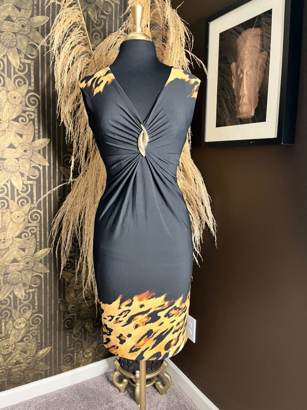 vintage 90s Caché black leopard print pattern brooch center dress